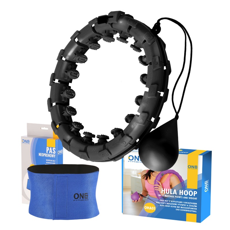 ZESTAW HULA HOP OHA01 BLACK Z WYPUSTKAMI I OBCINIKIEM ONE FITNESS + PAS BR125