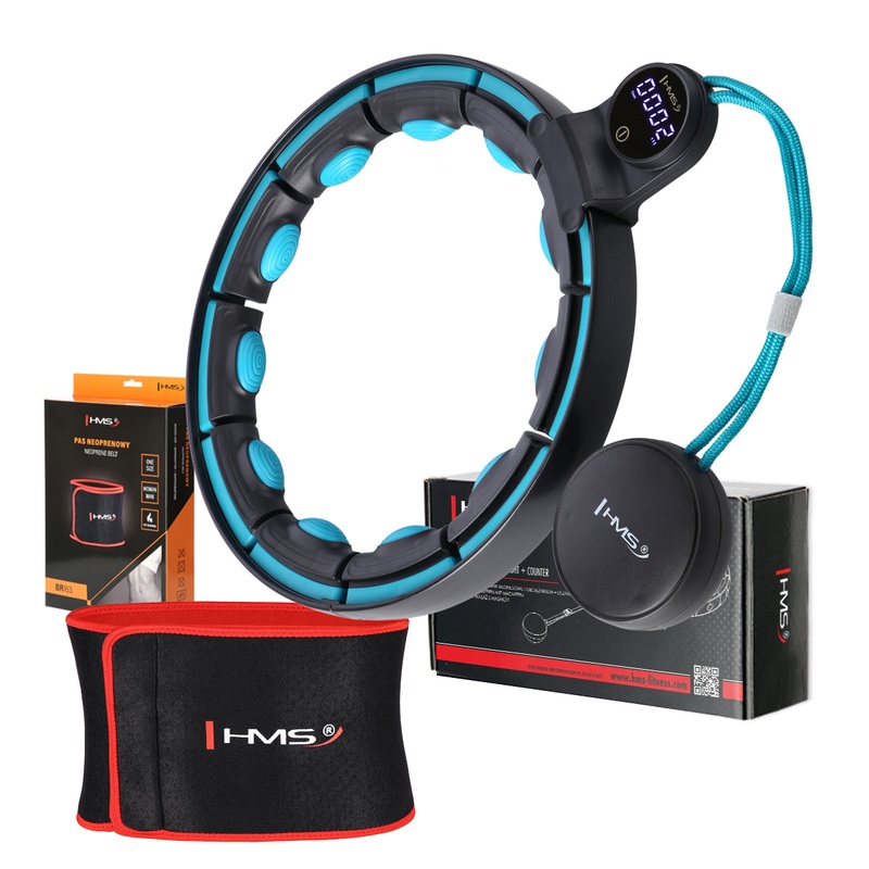 ZESTAW HULA HOP MAGNETYCZNY BLACK/TURQUOISE HHM17 Z LICZNIKIEM HMS + PAS WYSZCZUPLAJCY BR163 RED
